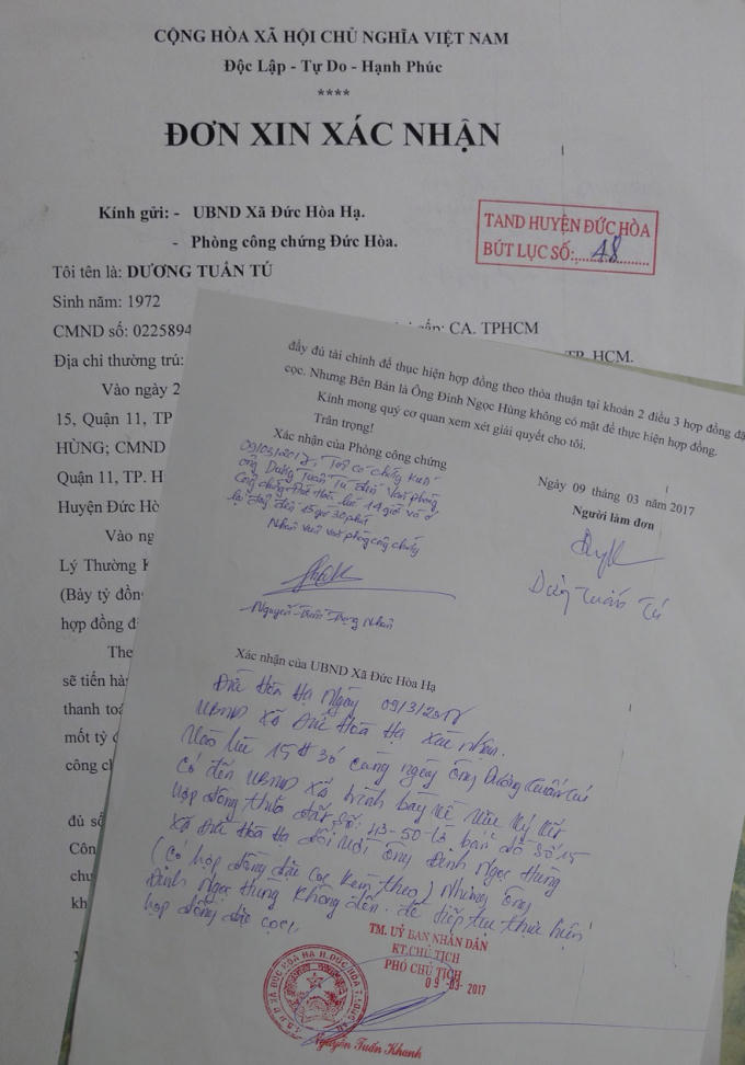 Tờ “Đơn xin xác nhận” của ông Tú.