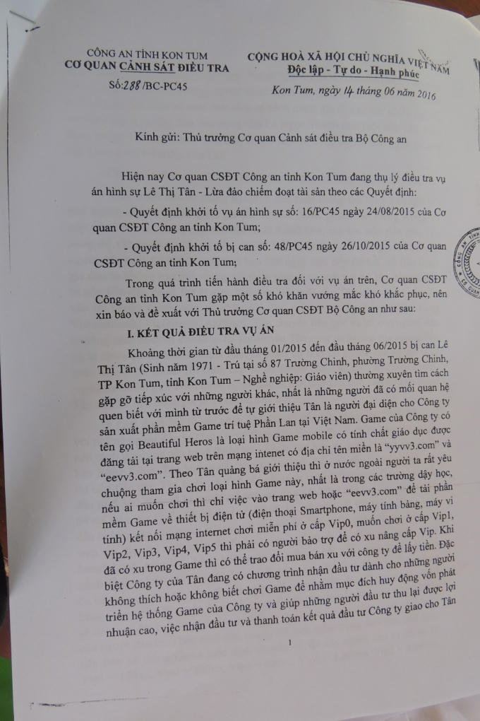 Văn bản 288/BC-PC45, ngày 14 tháng 6 năm 2016 công an tỉnh Kon Tum đề nghị chuyển hồ sơ về Bộ Công An