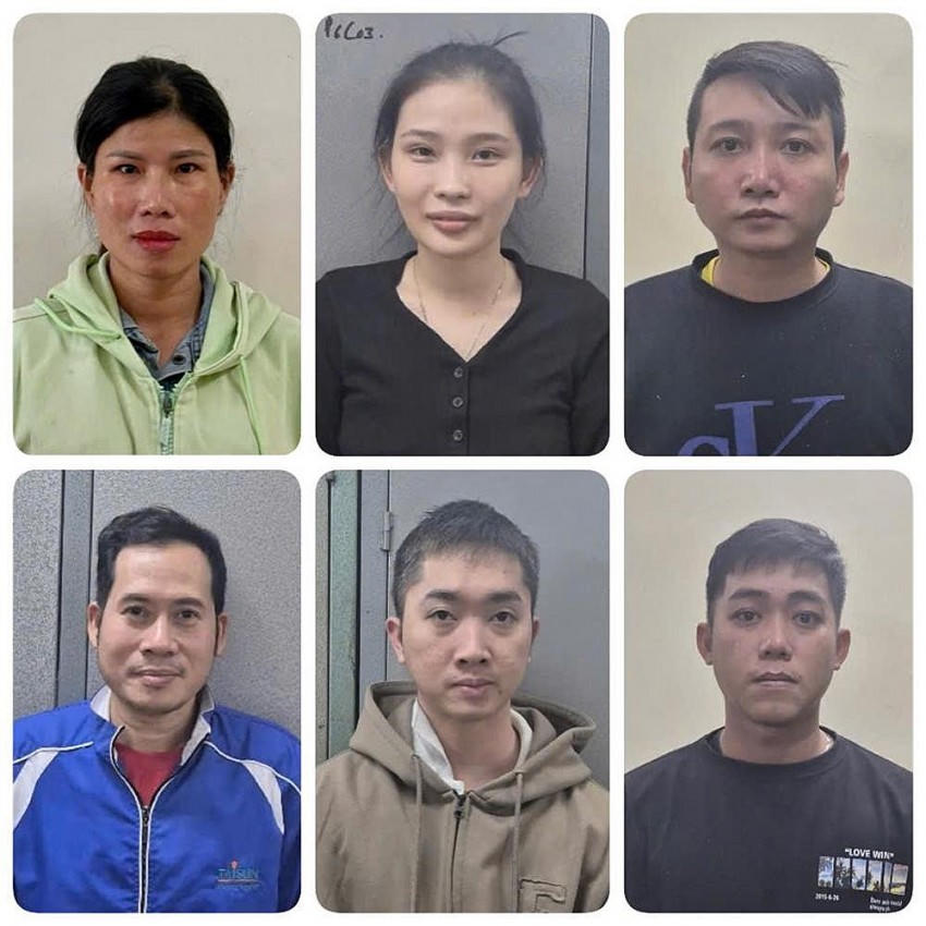 Các đối tượng (từ trái sang phải, trên xuống dưới): Lưu Ngọc Thắm, Lê Nhựt Thủy, Lê Nguyễn Quốc Thành, Nguyễn Văn Lập, Lê Nguyên Chất, Phạm Dương Ngọc Nhã. (Ảnh Bộ CA)