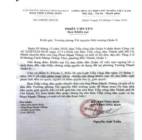 Phiếu chuyển số 1189/PC-BTCD ngày 03/12/2018 của Ban Tiếp công dân thuộc Văn phòng HĐND – UBND quận 9 gửi Trưởng Phòng Tài nguyên Môi trường quận 9.