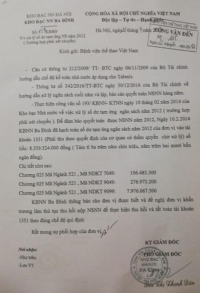 Suốt 10 năm qua Kho bạc Nhà nước quận Ba Đình đã nhiều lần yêu cầu bệnh viện Thể thao Việt Nam thu hồi số dư tạm ứng hơn gần 8,8 tỉ đồng từ các nhà thầu liên quan nhưng bệnh viện không thể giải quyết.