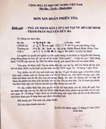 Đơn xin hõa tòa của bà Trinh