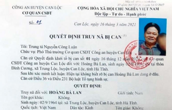 Quyết định truy nã bị can đối với Hoàng Bá Lan.