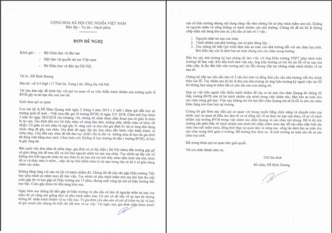 Trước sự im lặng của nhà trường, gia đình tiếp tục gửi đơn lên Bộ Giáo dục và Đào tạo và Hội bảo vệ quyền trẻ em Việt Nam.