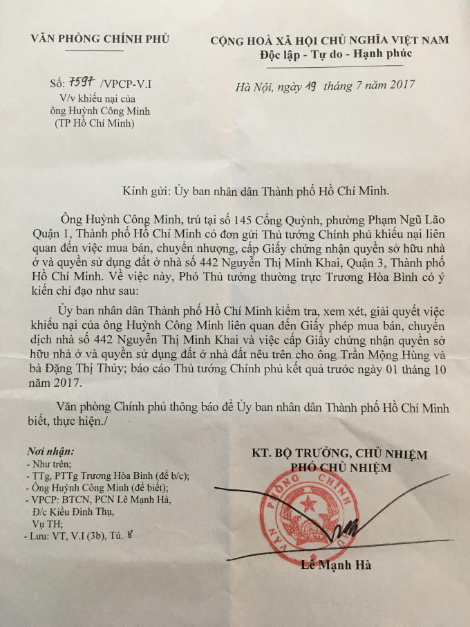 Công văn số  7597/VPVP-V.I của Văn phòng Chính phủ truyền đạt ý kiến chỉ đạo của Phó Thủ tướng thường trực Chính phủ Trương Hòa Bình.
