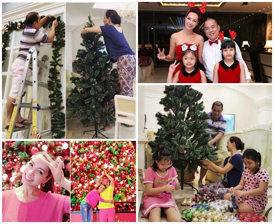 Vợ chồng nhạc sĩ Minh Khang ph&acirc;n chia từng c&ocirc;ng việc để kh&ocirc;ng ai tị nạnh. Kh&ocirc;ng thể đứng tr&ecirc;n cao, Suti v&agrave; chị g&aacute;i đảm nhận những c&ocirc;ng việc nhỏ, treo quả cầu, trang tr&iacute; c&acirc;y th&ocirc;ng Noel.&nbsp;