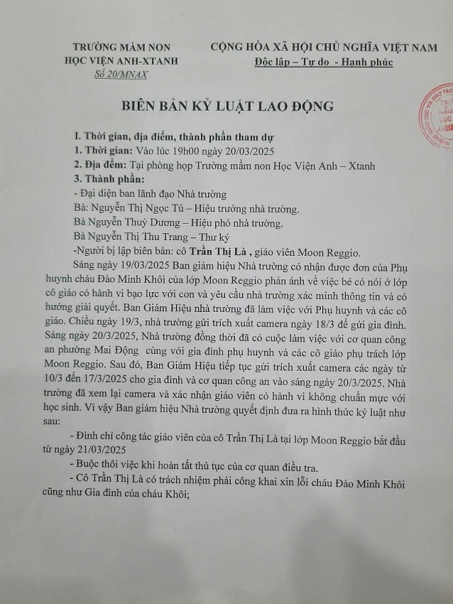 Biên bản kỷ luật lao động đối với các giáo viên liên quan đến sự việc.