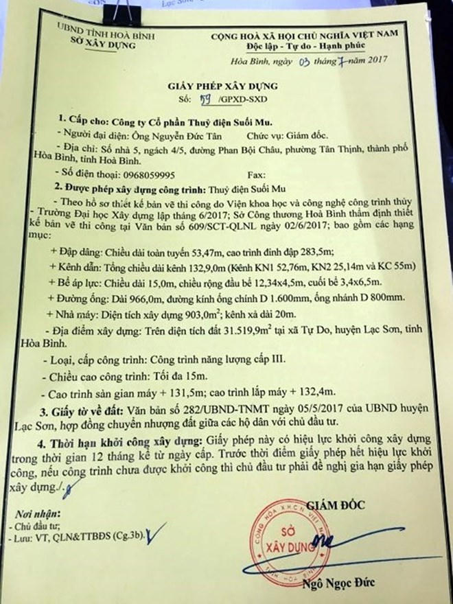 Dự án thủy điện Suối Mu thi công từ đầu năm 2016, đến ngày 3/7/2017 mới có Giấy phép xây dựng. (Ảnh: H.V/Vietnam+)