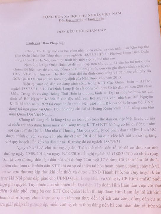 Đơn người dân Long Biên gửi tòa soạn Pháp Luật Plus.