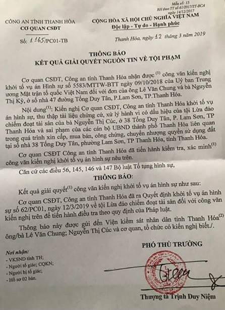 Thông báo khởi tố vụ 1 mảnh đất cõng 4 sổ đỏ của Công an Thanh Hóa