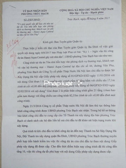 UBND phường Trúc Bạch đã ban hành văn bản số 236/UBND, về việc giải quyết vấn đề báo nêu.