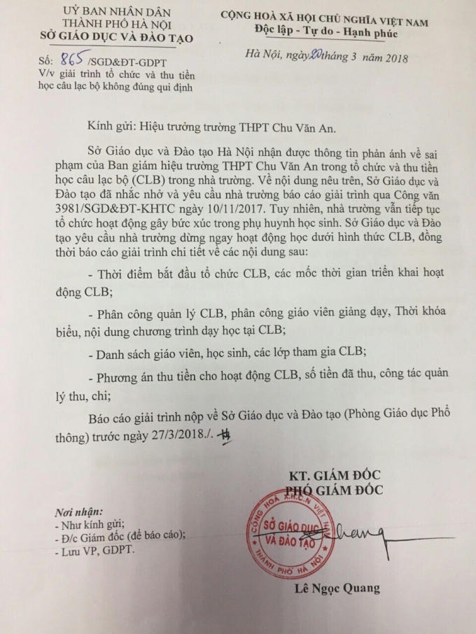 Công văn của Sở giáo dục và Đào tạo TP Hà Nội.