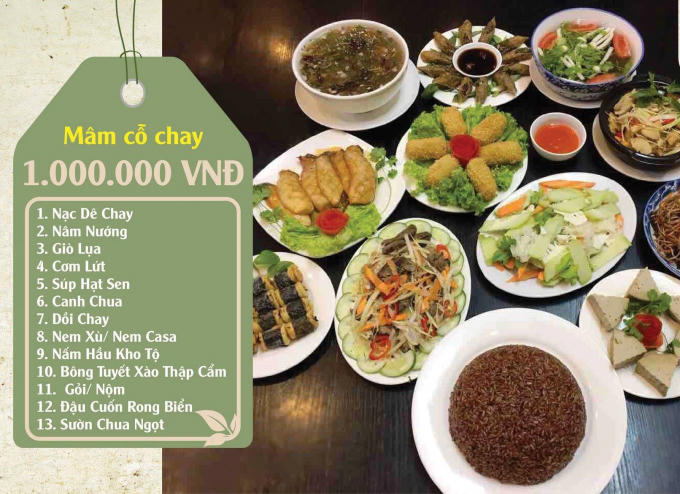Thực đơn cỗ chay được quảng cáo phục vụ cho ngày 23 tháng Chạp để cũng ông Công, ông Táo.