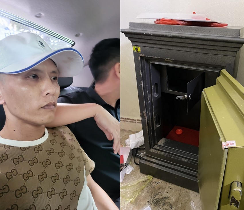 Đối tượng Lê Tô Mạnh Hùng và két sắt bị cạy phá.