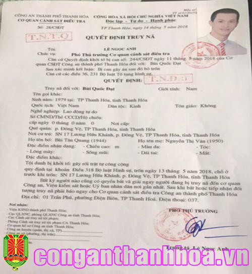 Quyết định truy nã đối với Bùi Quốc Đạt (tức Đạt ma). (Ảnh: báo Công an Thanh Hóa)