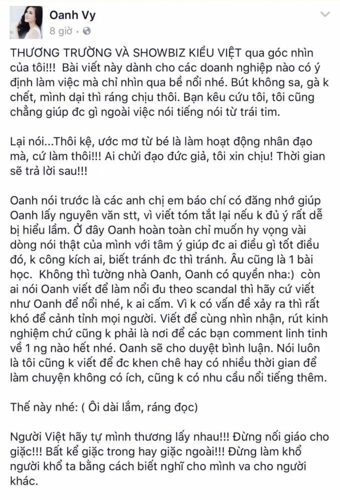 Status được đăng trên trang cá nhân của Vy Oanh. Ảnh: Facebook nhân vật.