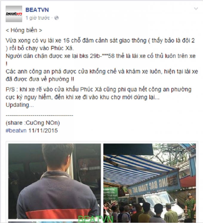 Thông tin lái xe 16 chỗ đâm CSGT tại Phúc Xá, Hà Nội xuất hiện trên mạng xã hội Facebook chiều 11/11. Nguồn: BEATVN
