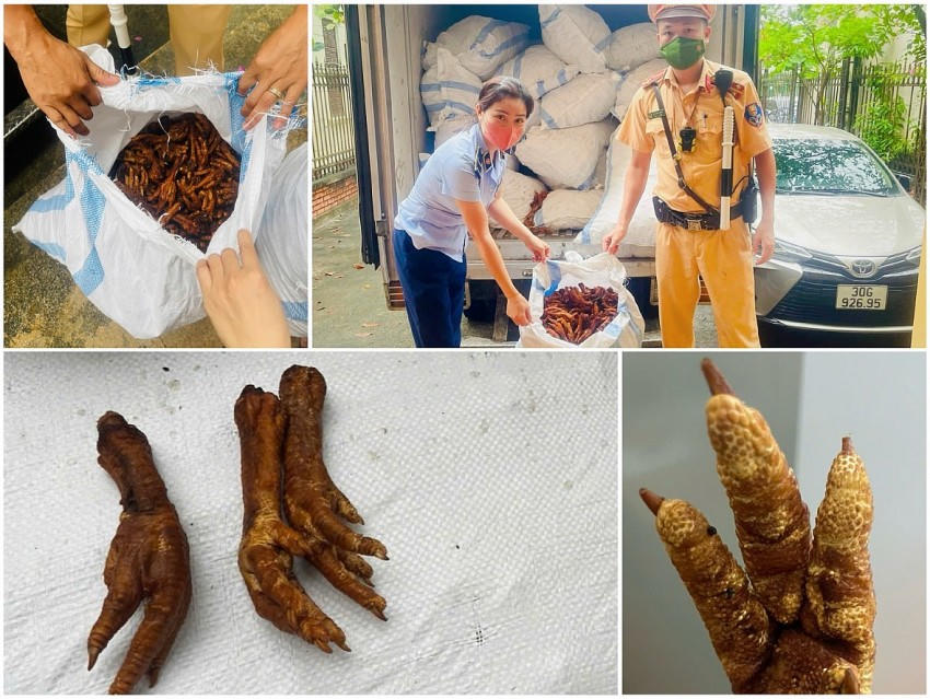 Toàn bộ lô hàng là chân gà đã sơ chế, đóng gói sơ sài, nhiều sản phẩm đã lên nấm mốc.