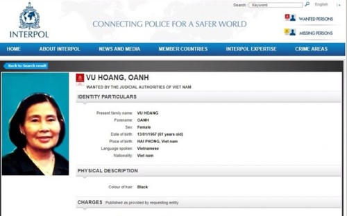 Lệnh truy nã Quốc tế Vũ Hoàng Oanh (tức Oanh "Hà").