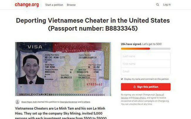 Nội dung kiến nghị kèm hình Visa của ông Lê Minh Tâm trên trang Change.org.
