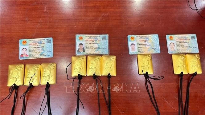 Tang vật gồm 9 miếng vàng có trọng lượng trên 2,5 kg vàng. Ảnh: TTXVN