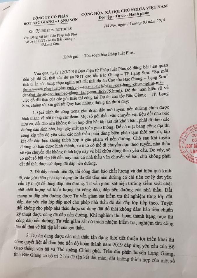 Văn bản trả lời của Công ty CP BOT Bắc Giang - Lạng Sơn không đi kèm theo bất kỳ căn cứ nào.