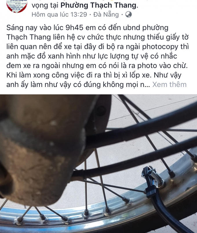 Anh K. phản ánh sự việc dân quân phường xì lốp xe máy của mình.