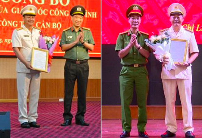 Thượng tá Nguyễn Tuấn Hưng (bìa trái) và Thượng tá Nguyễn Hoàng Long, nhận quyết định công tác mới (Ảnh: Công an Hải Dương).
