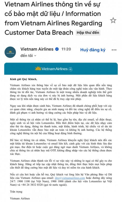 Vietnam Airlines gửi email khuyến cáo tới các khách hàng về việc bị lộ thông tin cá nhân do sự cố bảo mật dữ liệu.