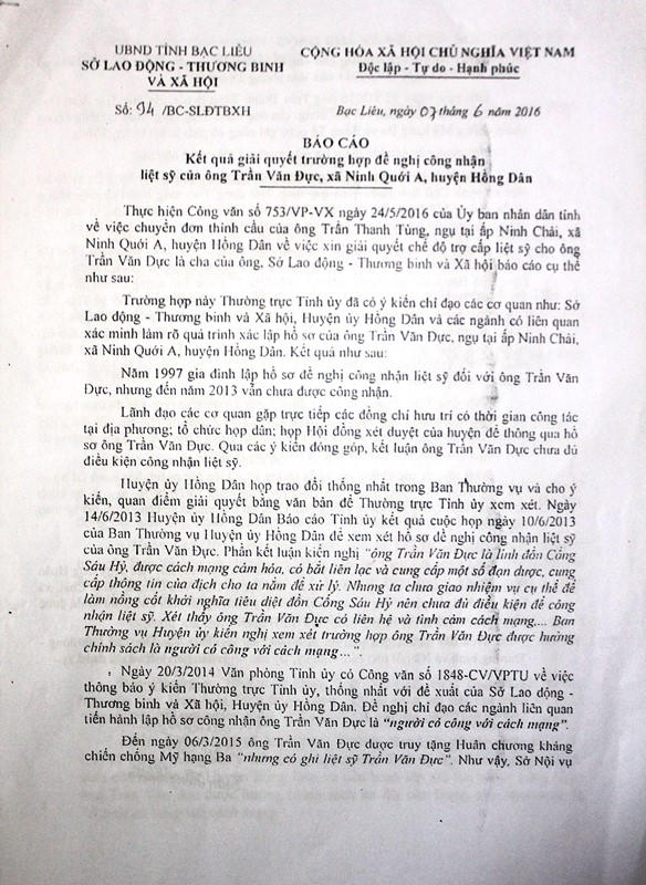 Báo cáo số 94/BC-SLĐTBXH của Sở Lao động TB&amp;XH tỉnh Bạc Liêu.