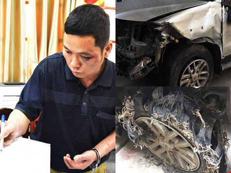 Nghi can tại công an. Những vết đạn phía trên bánh xe trước và vỏ xe sau sau hơn 20 km chạy bằng la-zăng.