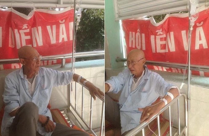 Hình ảnh Lê Bình tiều tụy trên giường bệnh, tóc rụng hết khiến nhiều người xót xa.
