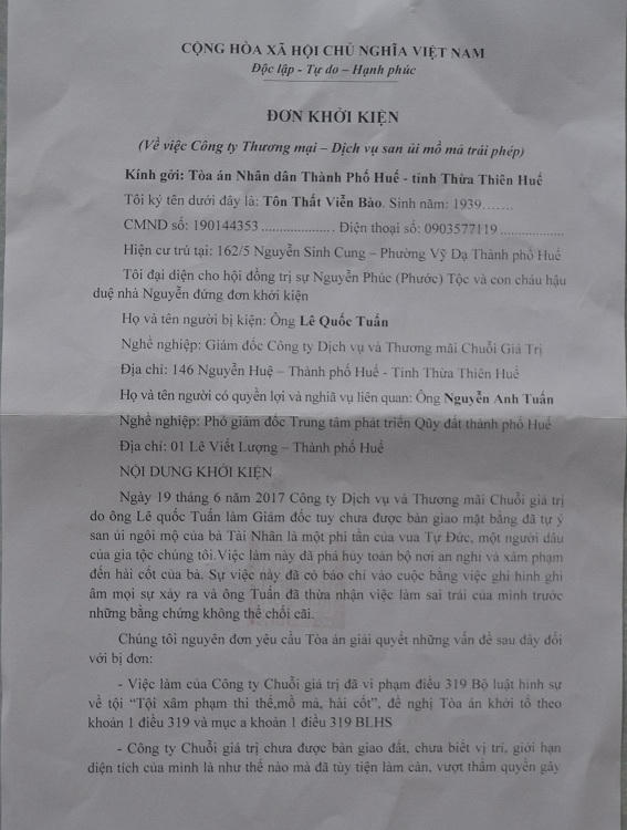 Đơn khởi kiện từ phía Hội đồng trị sự Nguyễn Phước tộc.