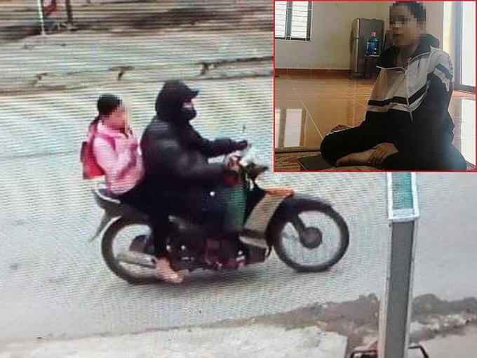 Bé VNQ (ảnh nhỏ) và bị can Nguyễn Trọng Trình chở đi bằng xe máy rồi xâm hại tình dục.