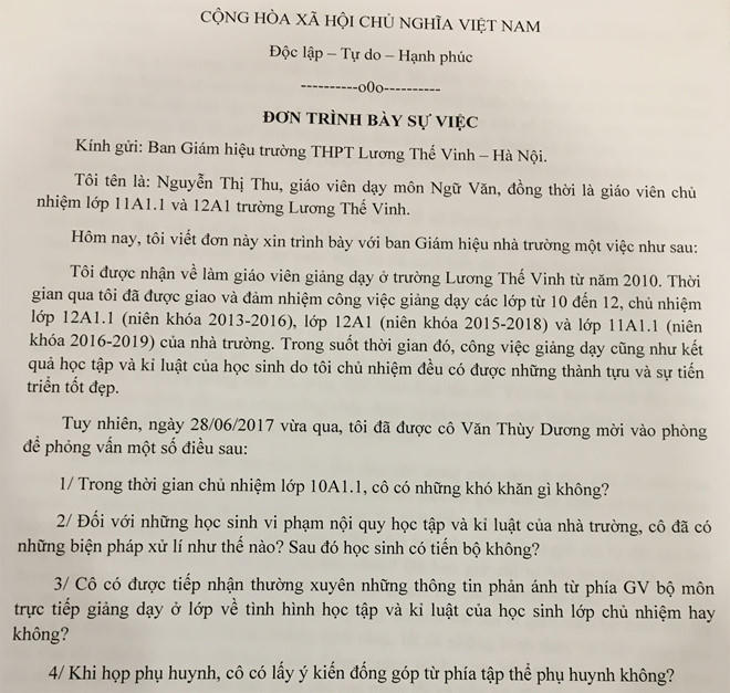 Đơn trình bày của cô giáo chủ nhiệm bị phụ huynh tố cáo. Ảnh: Quyên Quyên.
