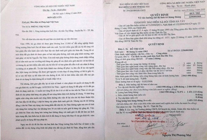 Đơn tr&igrave;nh b&agrave;y của b&agrave; Ph&ugrave;ng Thị Ng&acirc;n, con g&aacute;i b&agrave; S&acirc;m v&agrave; Quyết định hưu tr&iacute; của b&agrave; Đỗ Thị S&acirc;m.