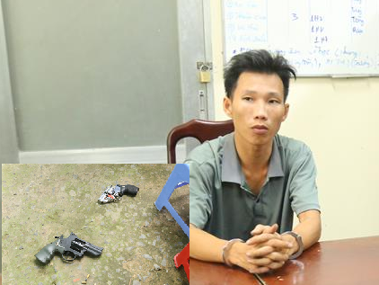 Đối tượng Lê Thành Vinh (ảnh lớn) tại cơ quan Công an và tang vật vụ án (ảnh nhỏ).