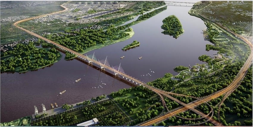 Phối cảnh cầu Thượng Cát có tổng chiều dài 5,2km với tổng mức đầu tư khoảng 8.300 tỷ đồng. Đây là 1 trong 10 cây cầu bắc qua sông Hồng nằm trong quy hoạch giao thông vận tải Hà Nội, dự kiến sẽ khởi công trong năm 2025 (ảnh: BQLDA TP Hà Nội).