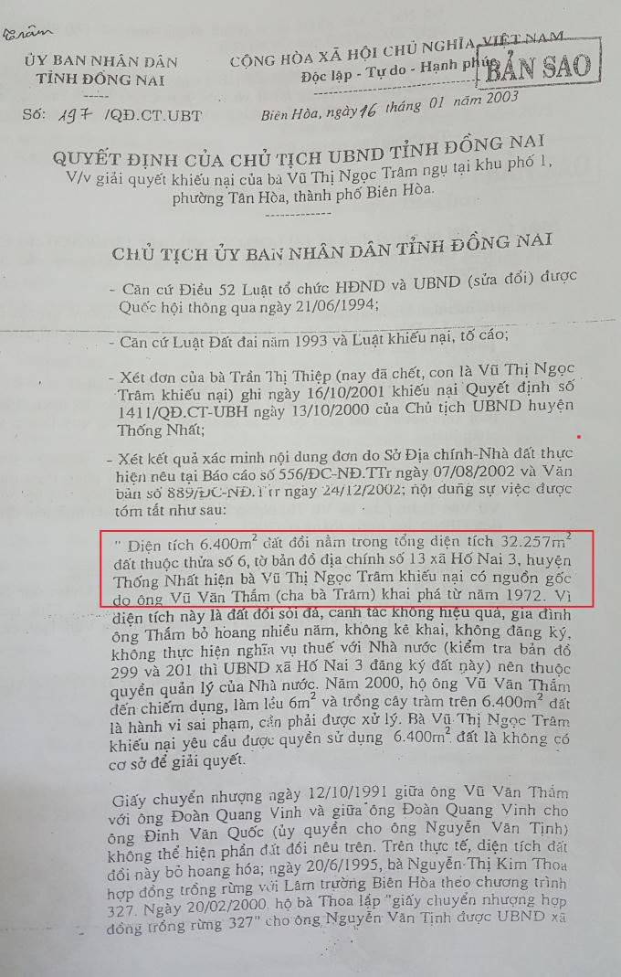 Quyết định của UBND tỉnh Đồng Nai khằng định nguồn gốc đất do ông Thấm khai phá.