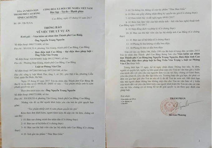 TAND TP Cao Bằng đã thụ lý vụ án dân sự số 09/TLST-DSST về việc tác phẩm nhiếp ảnh bị xâm phạm quyền tác giả đối với tác phẩm "Thác Bản Giốc".