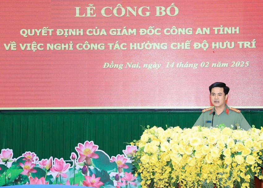 Đại tá Nguyễn Đức Hải, Giám đốc Công an Đồng Nai phát biểu tại hội nghị.