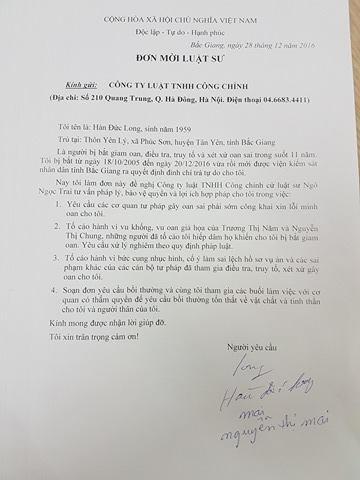 Đơn mời luật sư của ông Hàn Đức Long. (Ảnh: Luật sư Trai cung cấp).