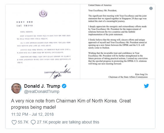 Tổng thống Trump công bố thư từ nhà lãnh đạo Kim Jong-un trên Twitter. (Ảnh: Twitter)