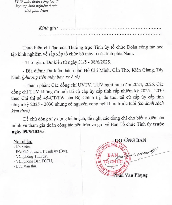 Văn bản xin ý kiến về chuyến công tác đi học tập kinh nghiệm ở các tỉnh phía Nam của Ban Tổ chức Tỉnh ủy Quảng Trị