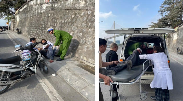 Cán bộ Công an kịp thời cứu giúp người bị tai nạn giao thông. (Ảnh: CAND)