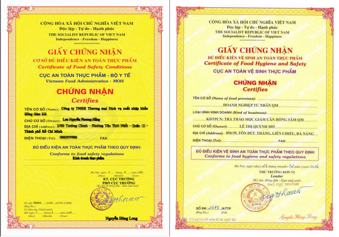 Từ năm 2012, Cục An toàn vệ sinh thực phẩm đã đổi tên thành Cục An toàn thực phẩm, và cấp giấy chứng nhận đã theo mẫu mới (phải) nhưng giấy chứng nhận cấp năm 2016 cho Doanh nghiệp tư nhân QM vẫn mang mẫu cũ và con dấu mang tên Cục ATVSTP.