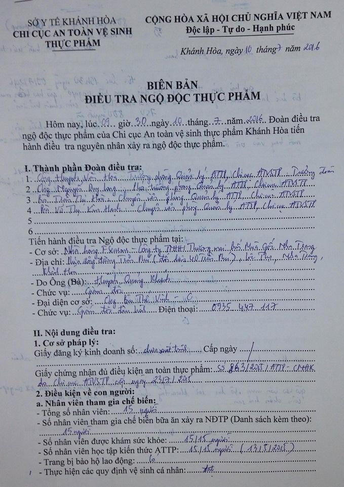 Biên bản điều tra ngộ độc thực phẩm.