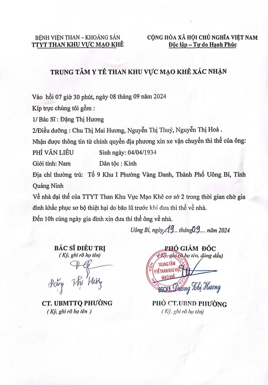 Biên bản của Trung tâm Y tế Than khu vực Mạo Khê cơ sở 2 xác nhận đã tiếp nhận thông tin và thi thể nạn nhân Phí Văn Liêu vào sáng 8/9, sau đó bàn giao thi thể về cho gia đình vào 10h cùng ngày.