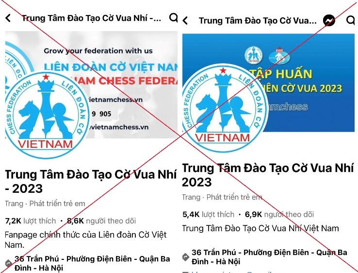 Các fanpage giả mạo “Trung tâm Đào tạo Cờ vua nhí”.