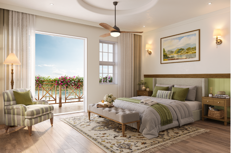 Phòng ngủ nhìn ra mặt nước của một biệt thự đơn lập.